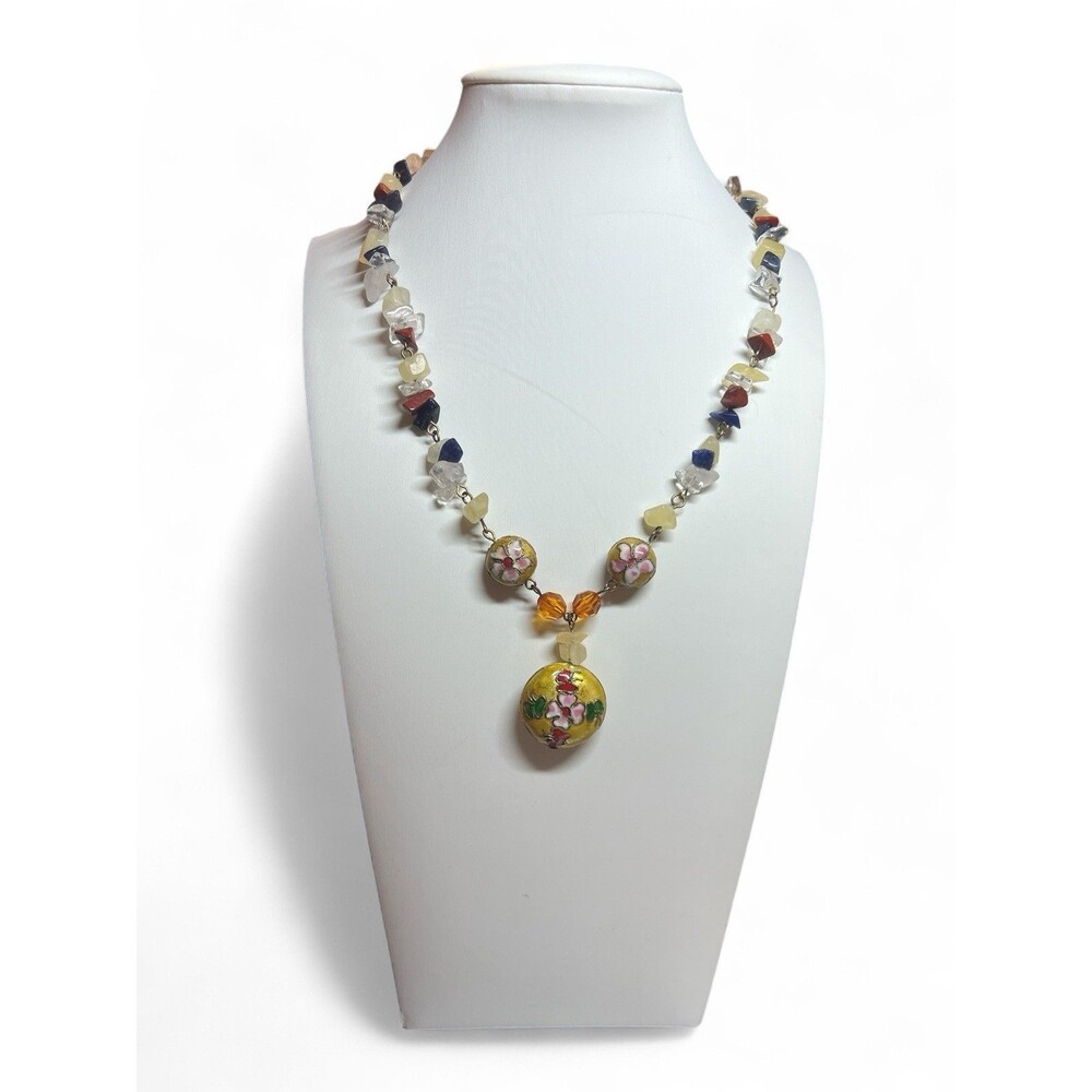 Boho Cloisonné Flower Pendant Necklace Gem Chip Beads‎ Mixed Stones Vintage